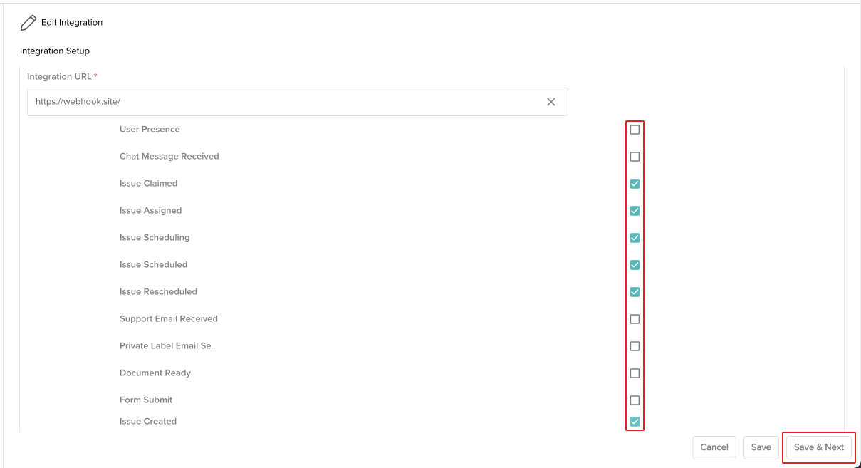 screenshot of webhook editor with option boxes and save & next button highlighted