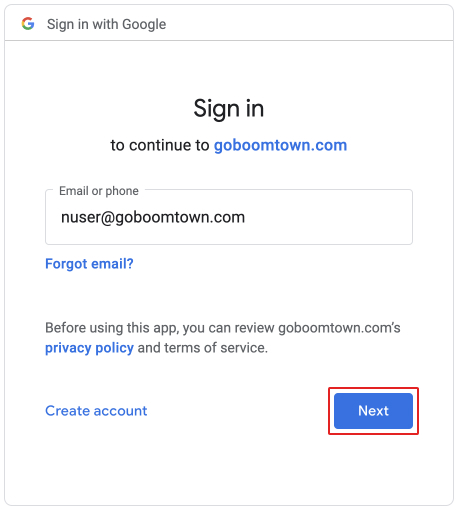 screenshot of the email sign in screen with the next button highlighted