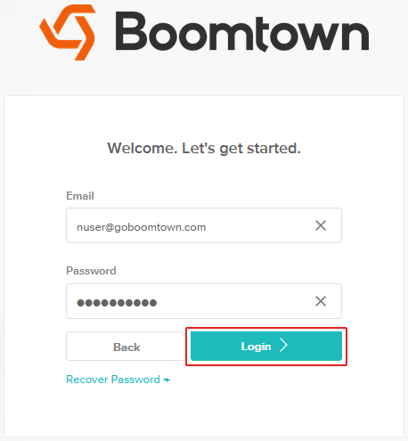 screenshot of the boomtown login password entry
