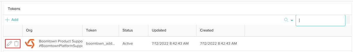 screenshot of the token display with the edit and delete icons highlighted