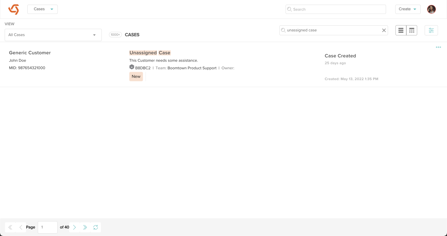 screenshot of the cases view with search results for unassigned case