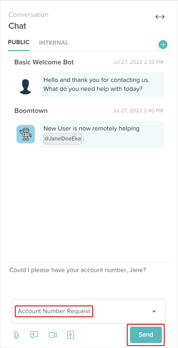 screenshot of conversation panel with quick reply picklist and send button highlighted