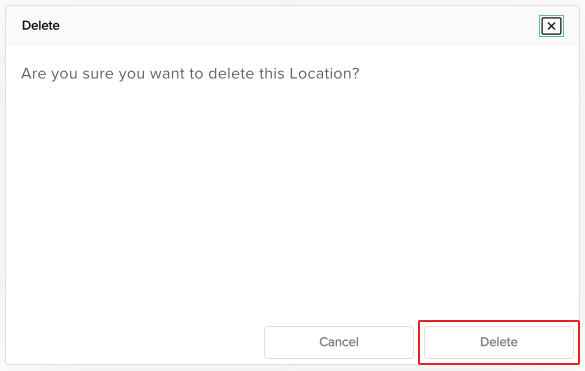 screenshot iof delete location popup with delete button highlighted