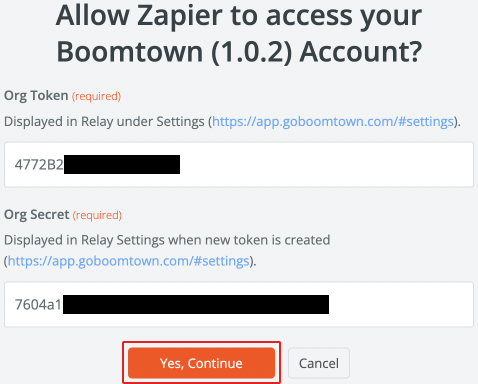 screenshot of org token and org secret entry in zapier with the yes, continue button highlighted