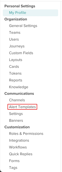 screenshot of the settings options with alert templates highlighted