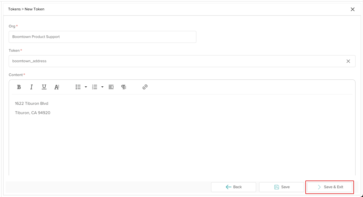 screenshot of the token editor with the save & exit button highlighted