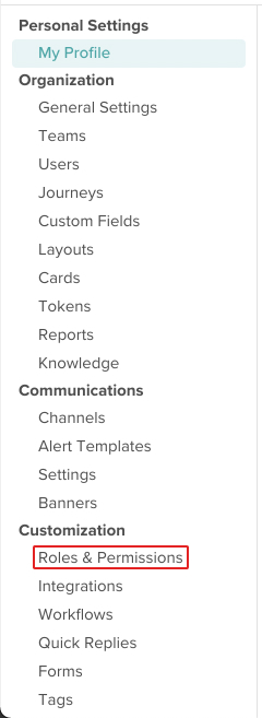 screenshot of settings options with roles & permissions highlighted