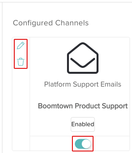 screenshot of configured email channel with the edit, delete, and toggle switch highlighted