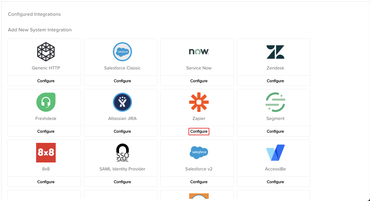 screenshot of integrations with configure highlighted under the zapier integration
