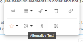 An image showing the menu that appears when clicking on an image in the HTML editor that highlights the alt text icon where you can add your own alt text to images.