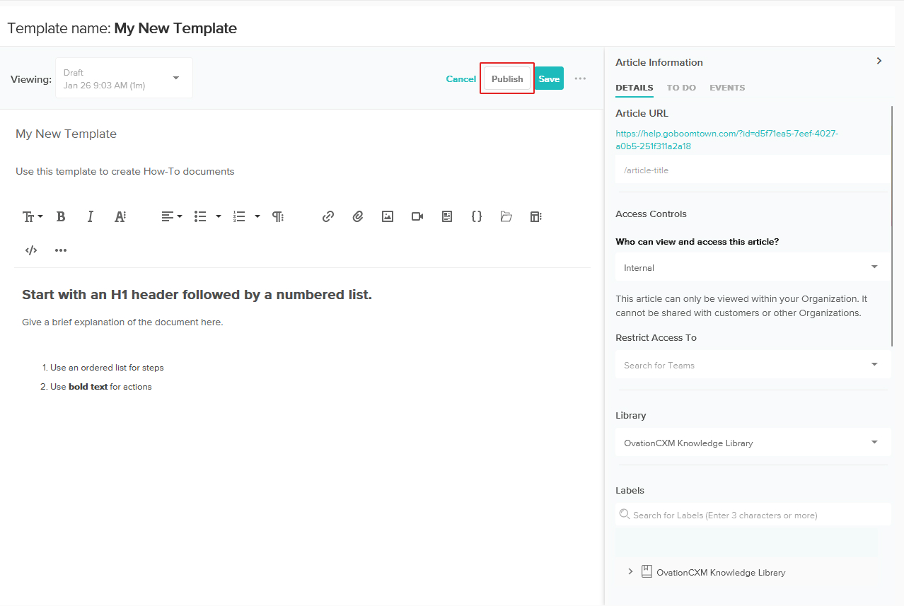 screenshot of a template with the publish button highlighted