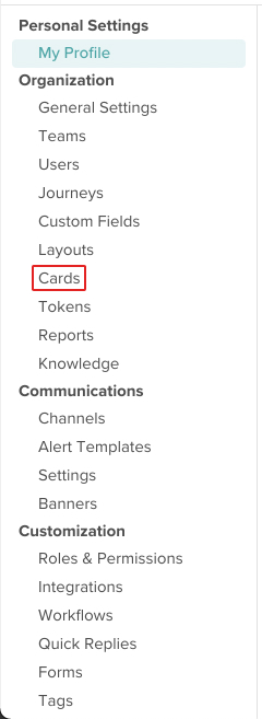 screenshot of the settings options with cards highlighted