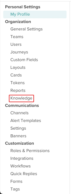 screenshot of the settings options with knowledge highlighted