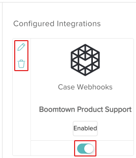 screeenshot of integration with edit, delete, and enable switch highlighted'