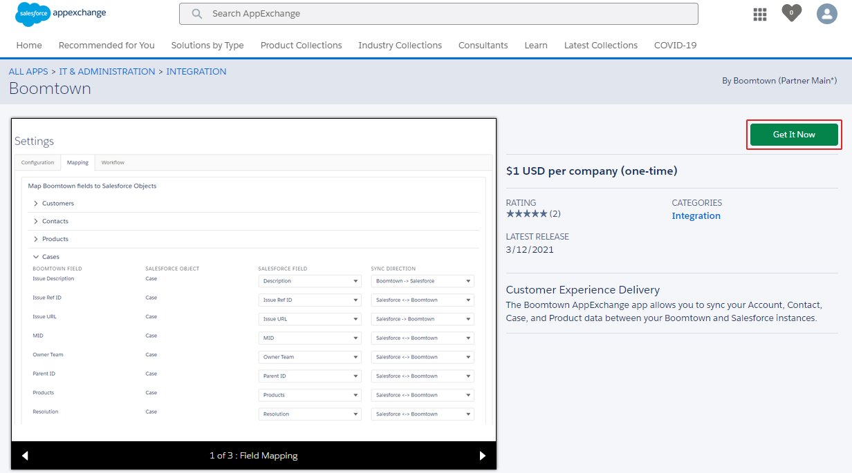 screenshot of the appexchange with the get it now button highlighted