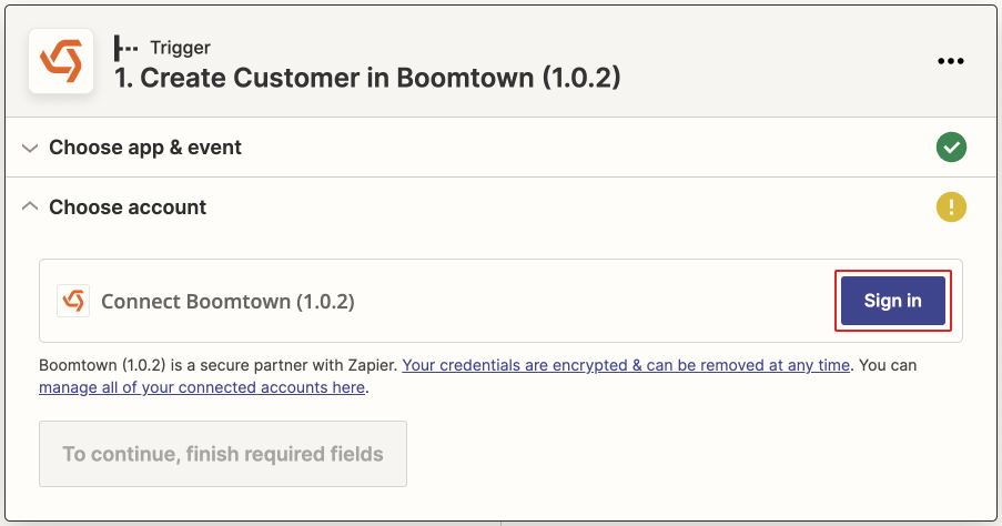 screenshot of choose your account in zapier with the sign in button highlighted