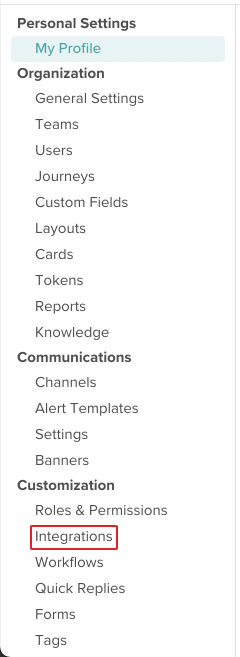 screenshot of the settings options with integrations highlighted
