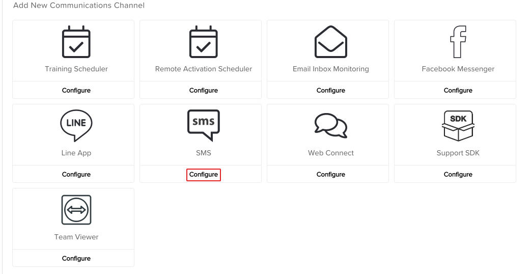 screenshot of the available channels with configure highlighted under the sms channel