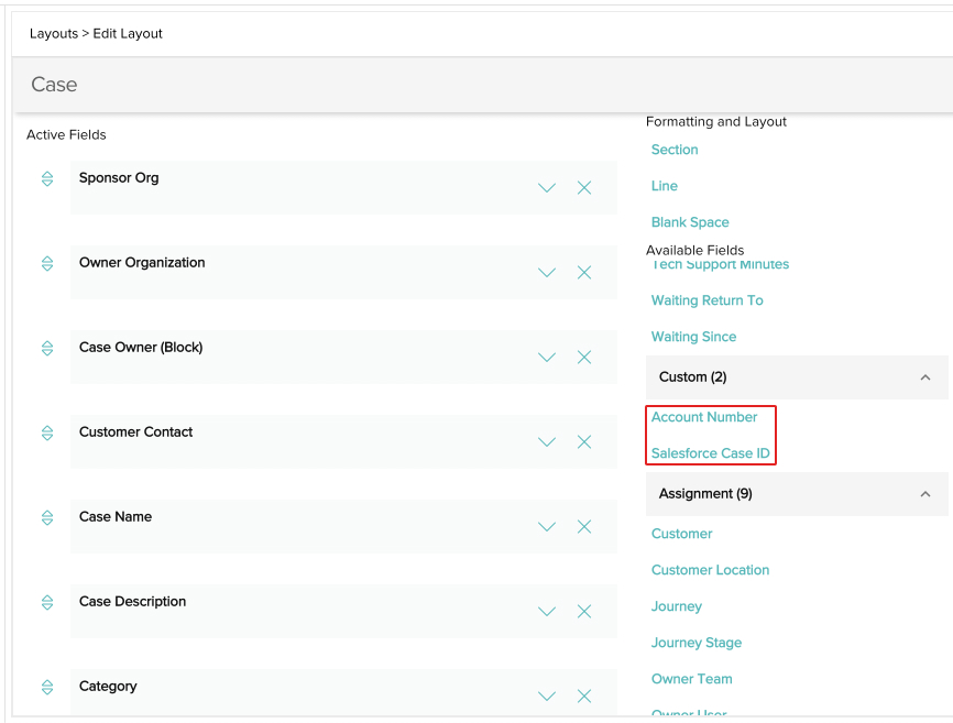 screenshot of a layout editor with the custom field options highlighted