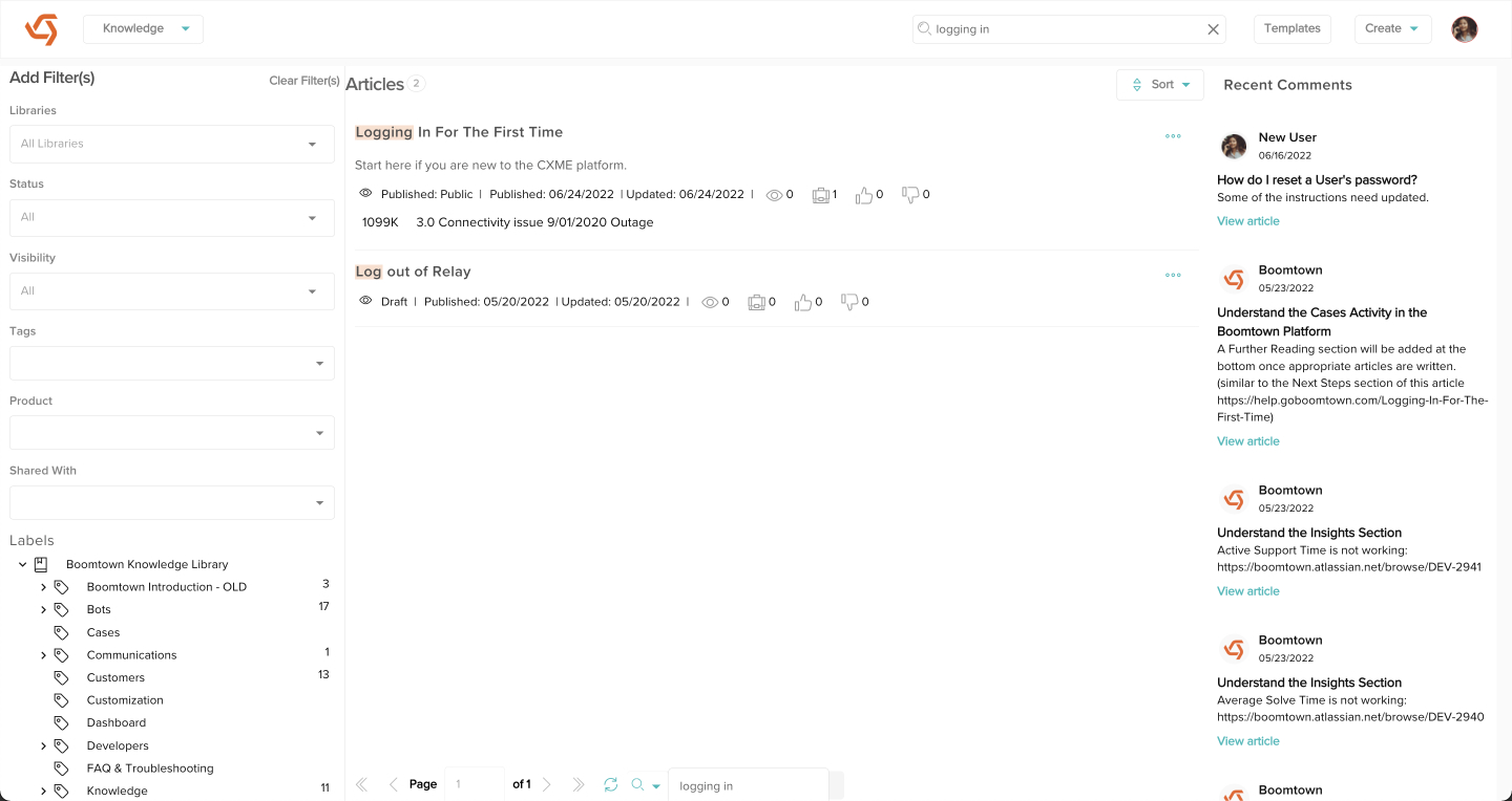 screenshot of the knowledge view with search results