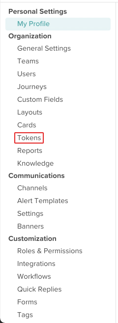 screenshot of the settings options with tokens highlighted