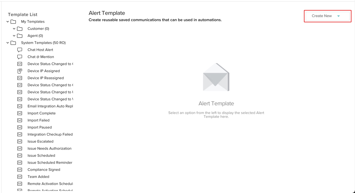 screenshot of the alert templates display with the create new button highlighted