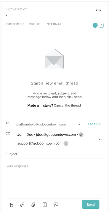 screenshot of the conversation panel with email addresses in the to and cc fields