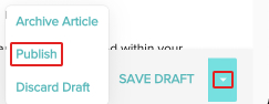 screenshot of the article editor with the triangle actions menu and publish highlighted