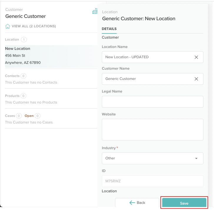 screenshot of the customer and location panels with the save button highlighted