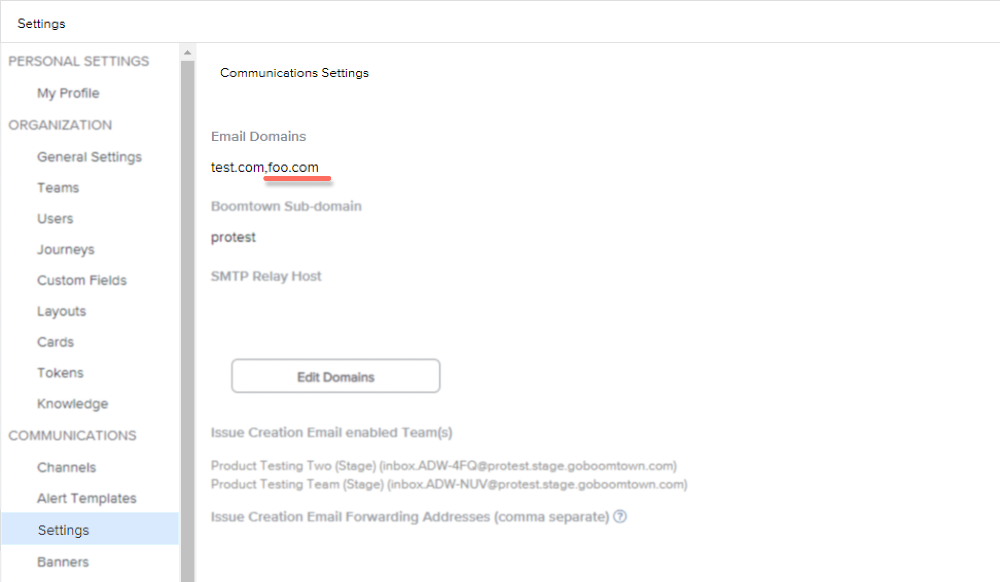 view of the communication settings with email domains field highlighted