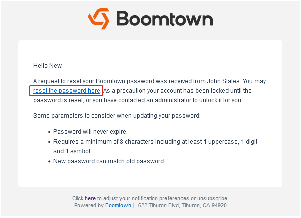 screenshot of the reset password email with the link to reset your password highlighted