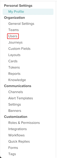 screenshot of settings with the users option highlighted